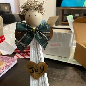 Festive Wooden Angel with Green Plaid Bow